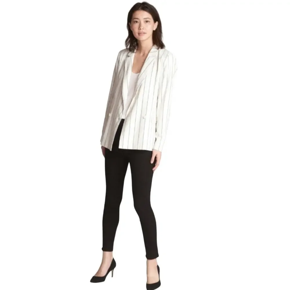 Gap Classic Girlfriend Linen Blazer Navy White Sz 8 Relaxed Fit Versatile Lined